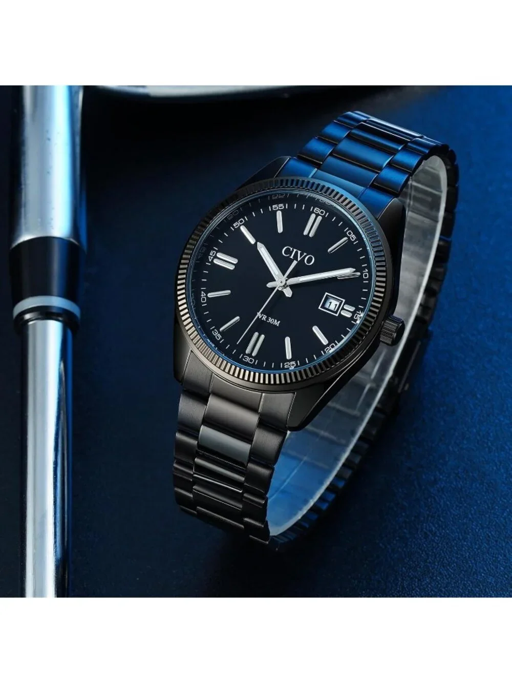 Men's All Black Analog Quartz Skeleton Stainless Steel Round Casual Wrist Watch